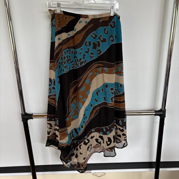 Y2K Silk Asymmetrical Fairy Blue Brown Whimsygoth Skirt Ibiza Midi Size 6 - Picture 3 of 9